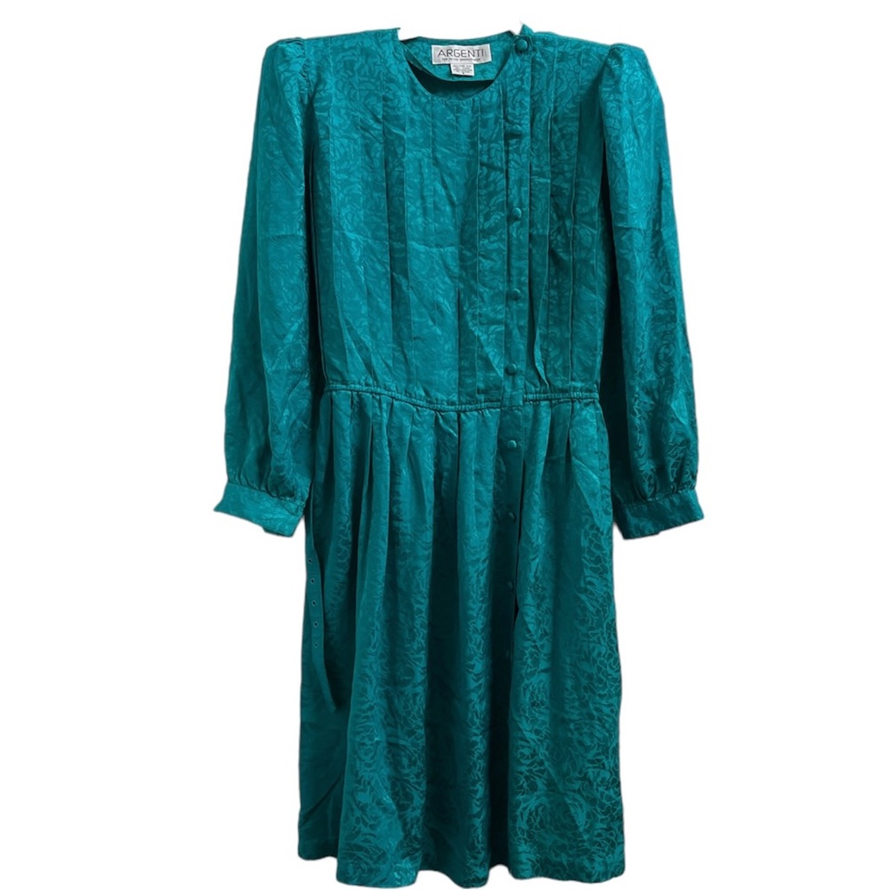 Argenti Petite Teal Green 100% Silk Floral Dress Vintage